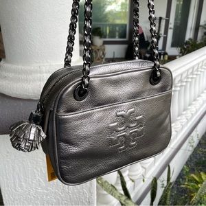 Silver Metallic Tory Burch Chainlink Leather Shoulder Bag